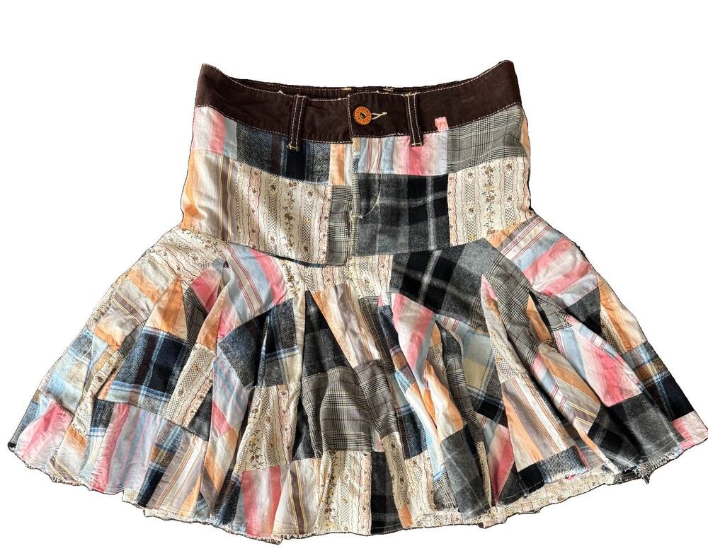 Pepe Jeans Patchwork Mini Skirt Pleated Boho Preppy Y2K Eclectic Whimsy Sz Small